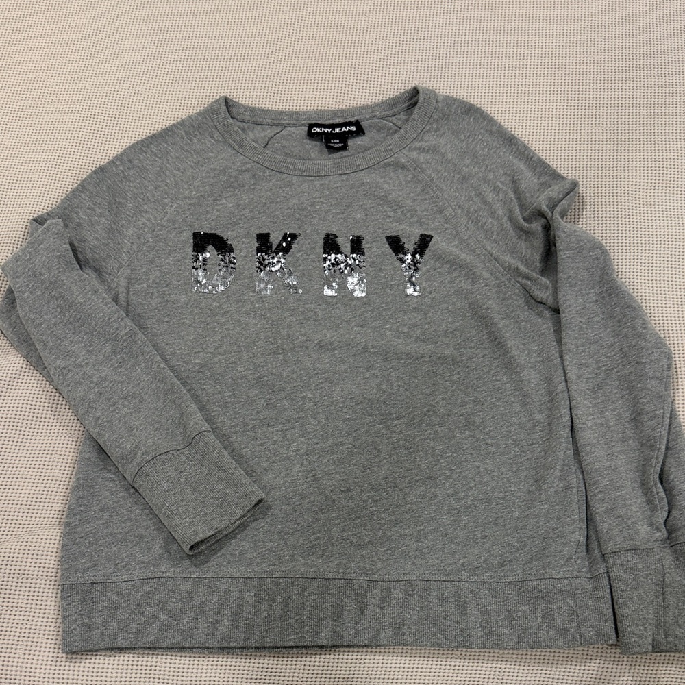 DKNY Gray Crewneck with Reversible Sequin Logo